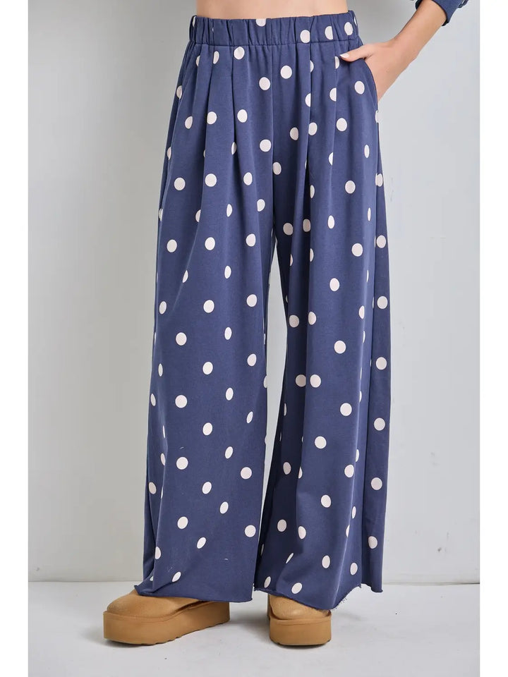 Polka Dot Print Wide-Leg Knit Lounge Pants