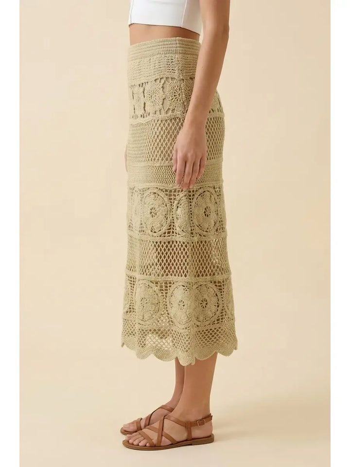 Sage Crochet Floral Pattern Mix Midi Skirt