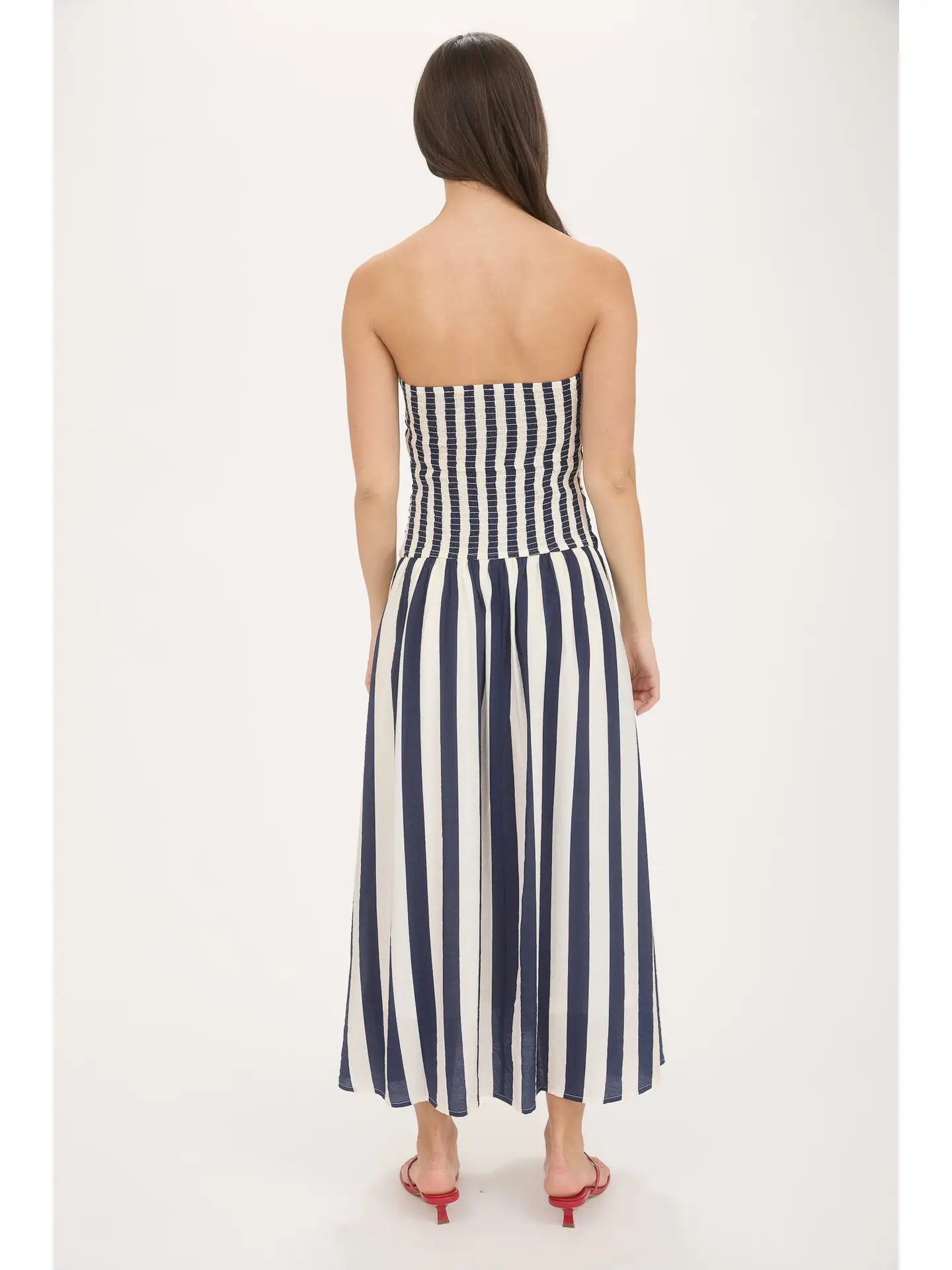 Vertical Stripe Strapless Midi Dress