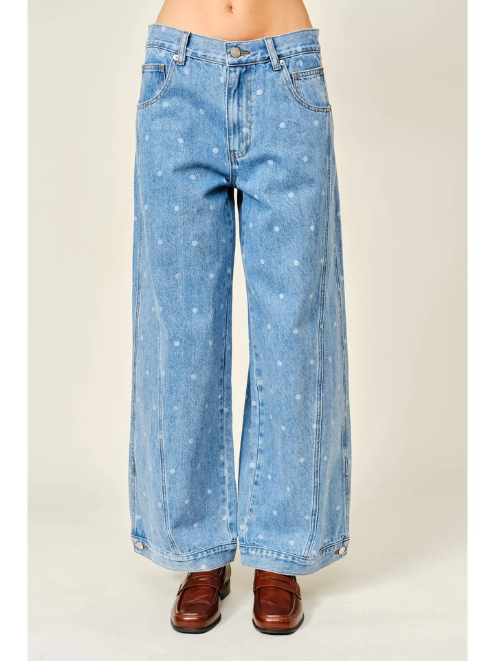 Polka Dot Curved Seam Denim Pants