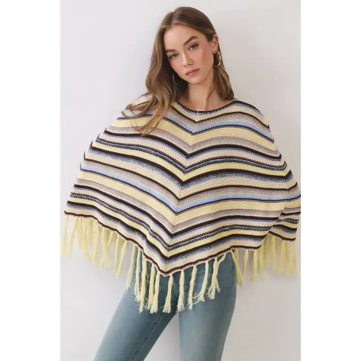 Chevron Striped Fringe Hem Knit Poncho