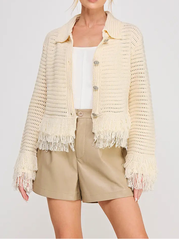 Open Knit Collared Fringe Cardigan