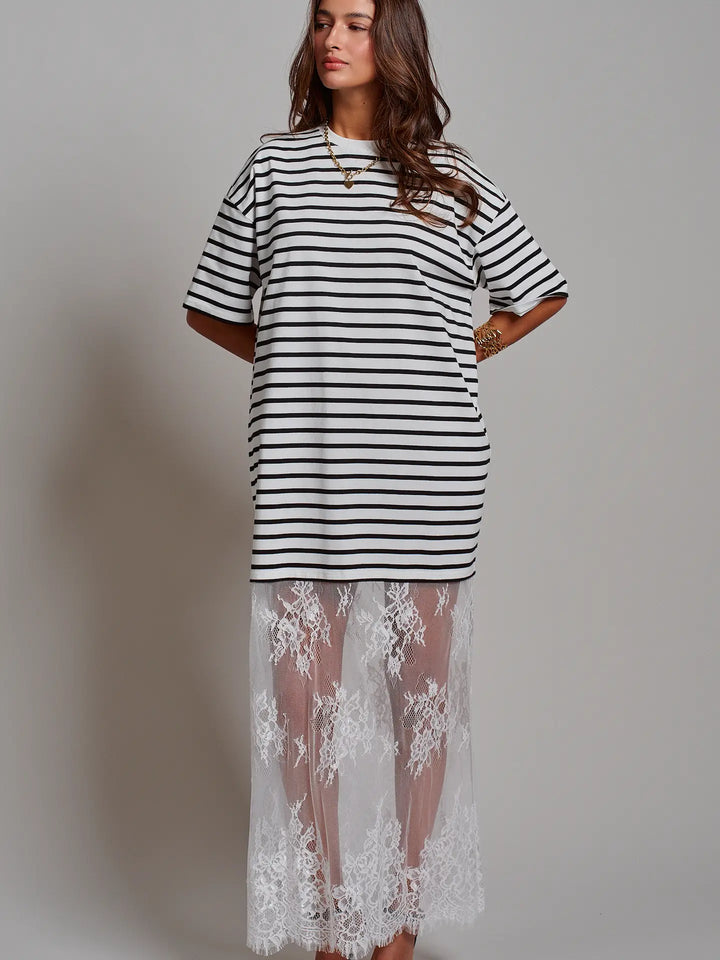Mixed-Media T-Shirt Dress with Sheer Lace Skirt