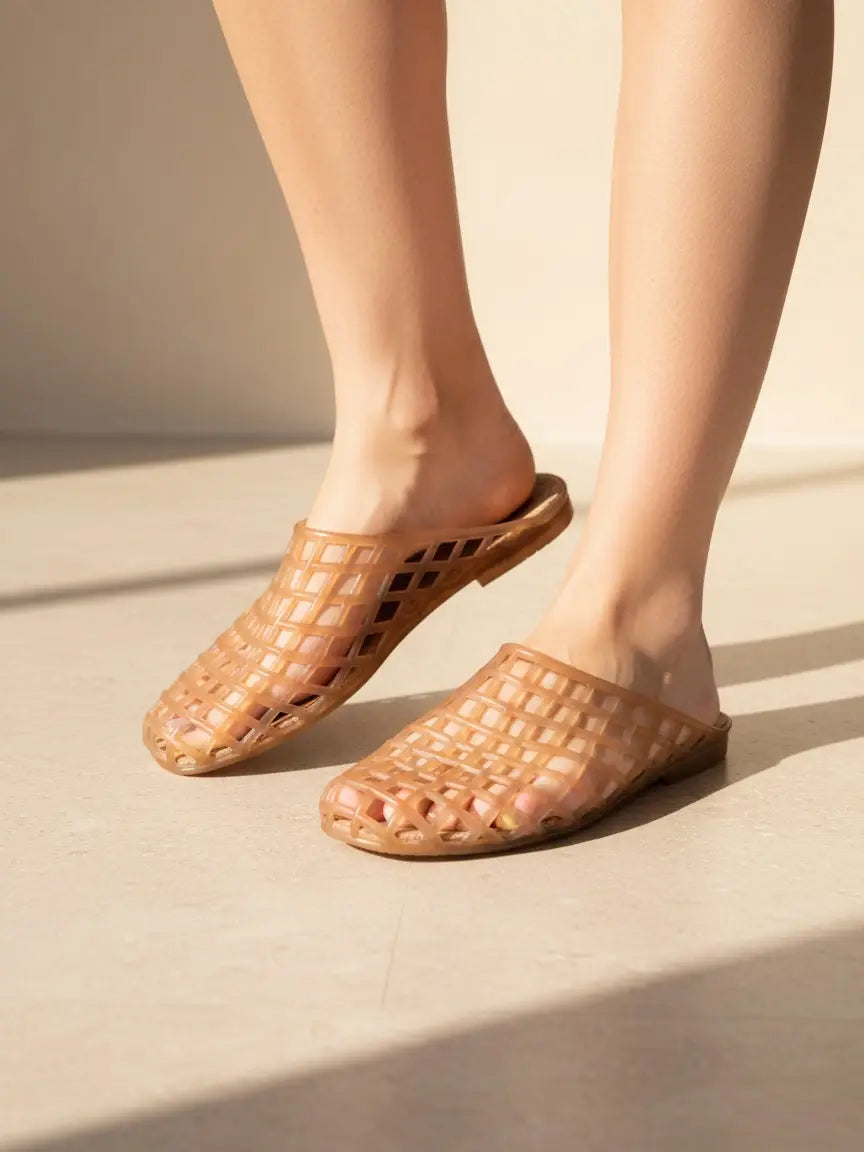 Camel Woven Jelly Basket Mule Slides