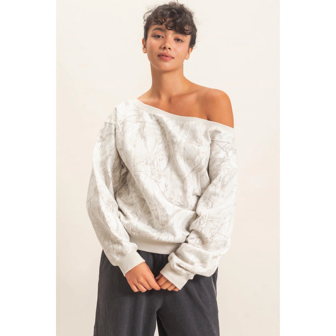 White Camo Off the Shoulder Pullover