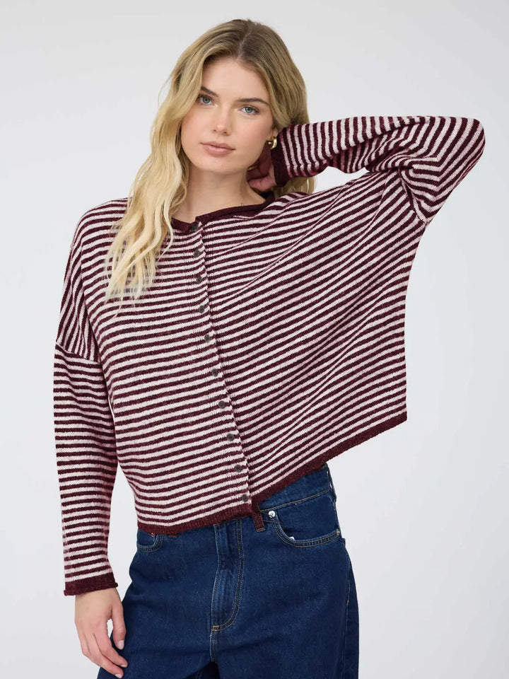 Stripe Raw Edge Drop Shoulder Knit Cardigan