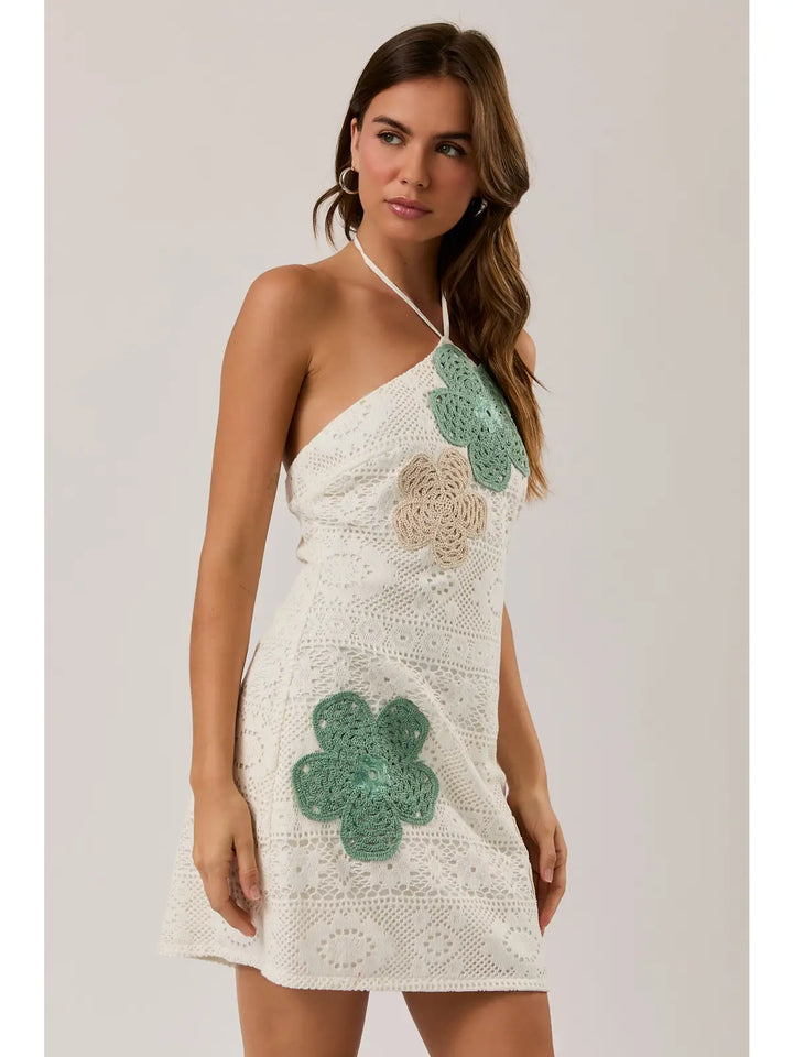 Halter Neck Crochet Trim Detail Mini Dress