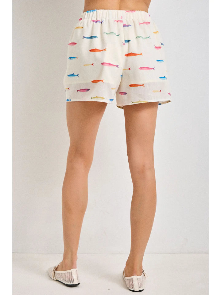 Fish Print Drawstring Shorts