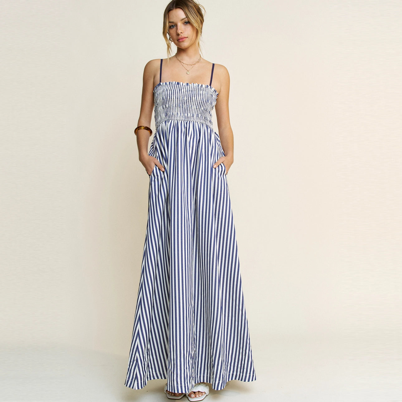Striped Sleeveless Smocked Poplin Maxi DRESS