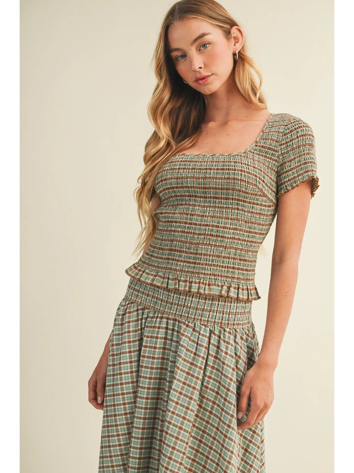 Square-Neck Smocked Plaid Blouse