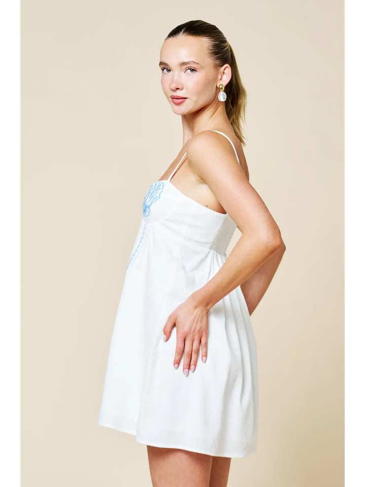 Seashell Embroidery Babydoll Strappy Mini Dress