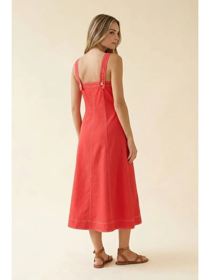 Red Contrast Top Stitch & Button Detail Strap Midi Dress
