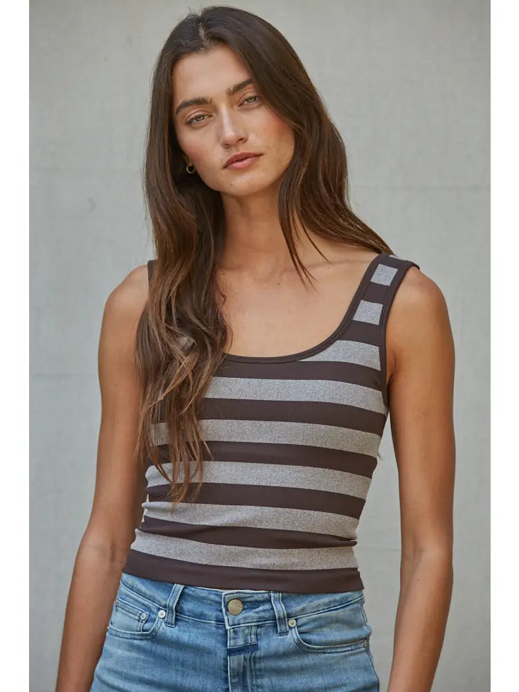 Coffee Bean Knit Striped Seamless Padded Tank Top