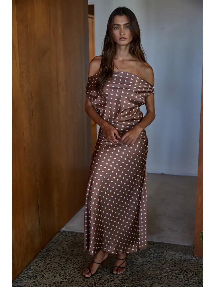 Woven Polyester Satin Polka Dot Cowl Neck Maxi Dress