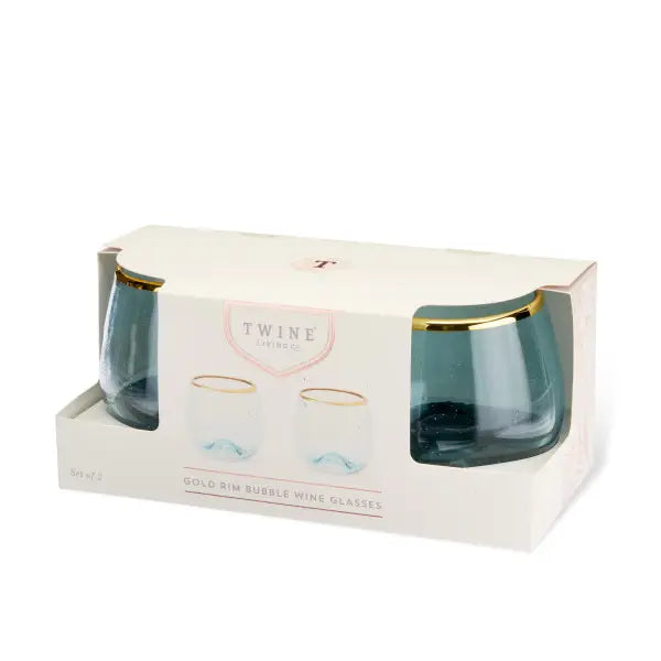 Aqua Bubble Stemless Glasses w/ Gold-Plated Rims - Set of 2