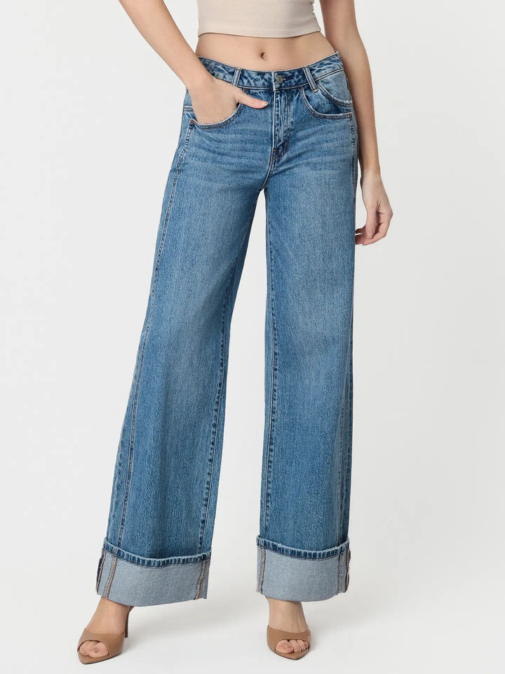 High Rise Cuffed Panel Baggy Wide Jeans | Verevt