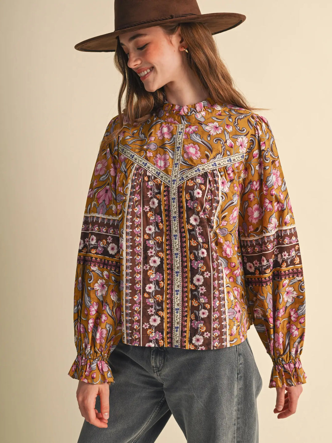 Floral Border Print Top with Floral Trim