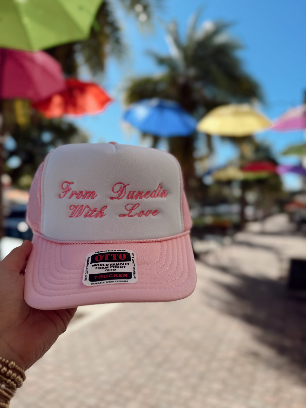 From Dunedin With Love Pink Trucker Hat The Ivory Palm