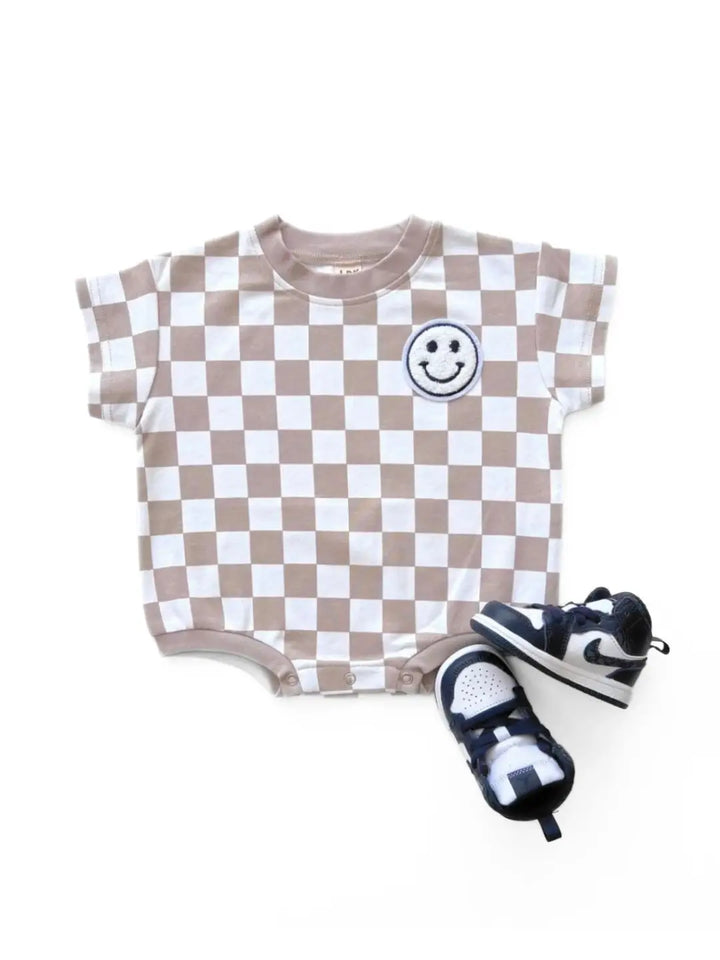 Short Sleeve Bubble Romper | Checkered Smiley Latte