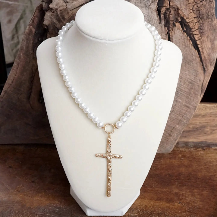 Primitive Cross Necklace Gold Pearl Turquoise Beads
