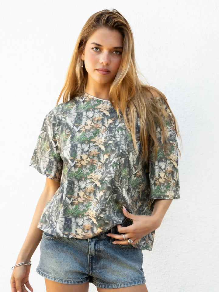 Bayou Camo Print Oversized One Shoulder T Shirt
