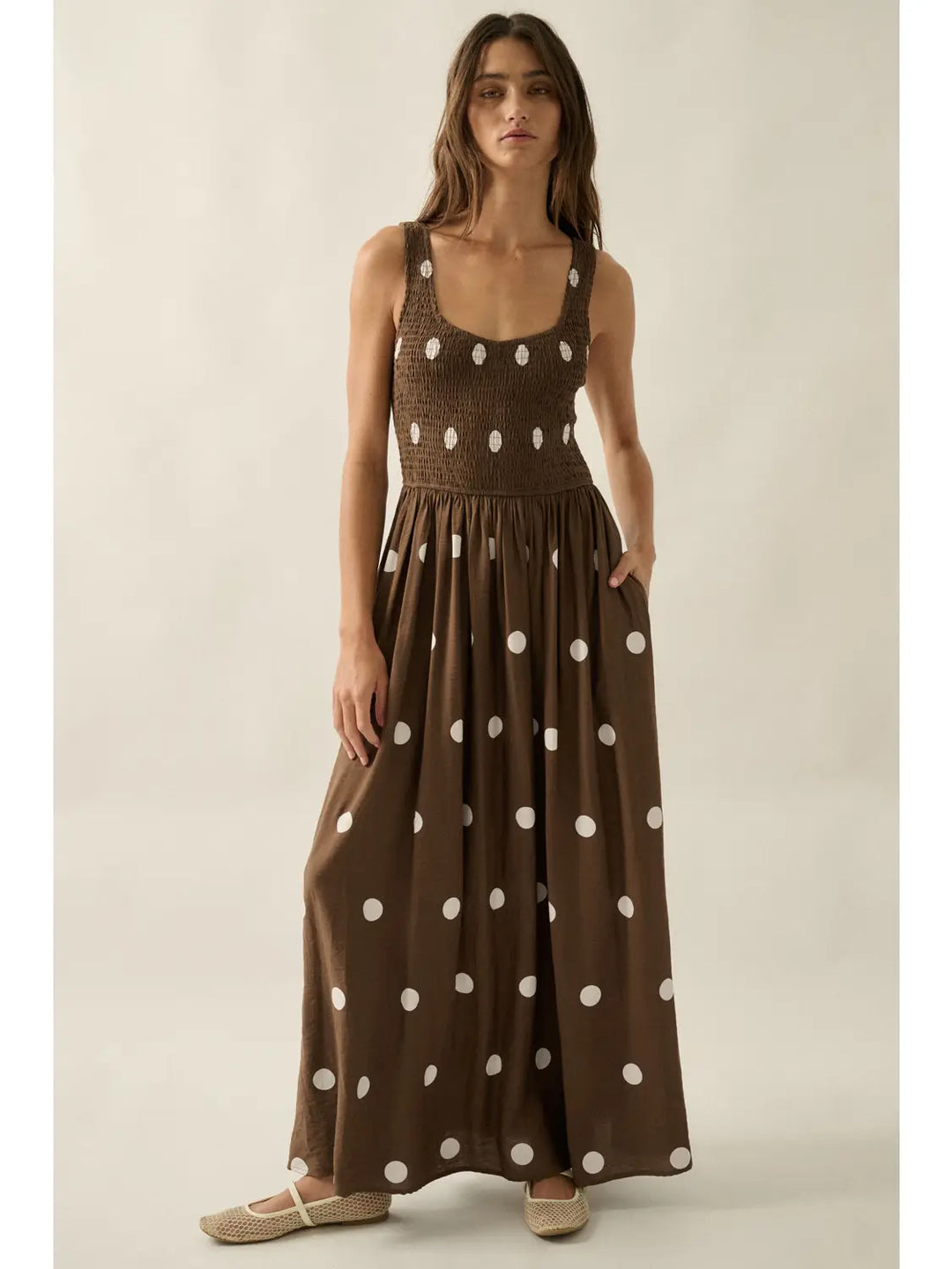 Polka Dot-Print Smocked Sleeveless Pocket Maxi Dress