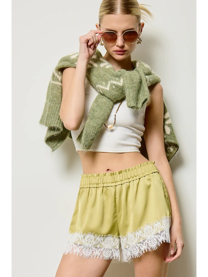 Chartreuse Lace Trim Shorts