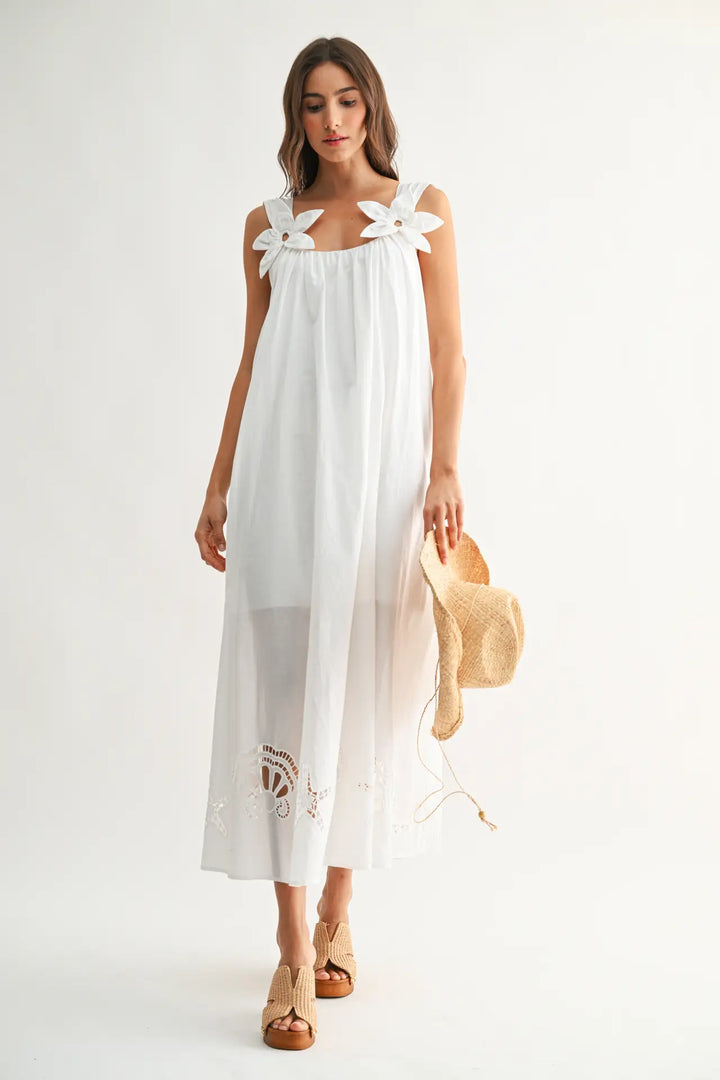 Embroidered Maxi Dress with Floral Shoulder Accents