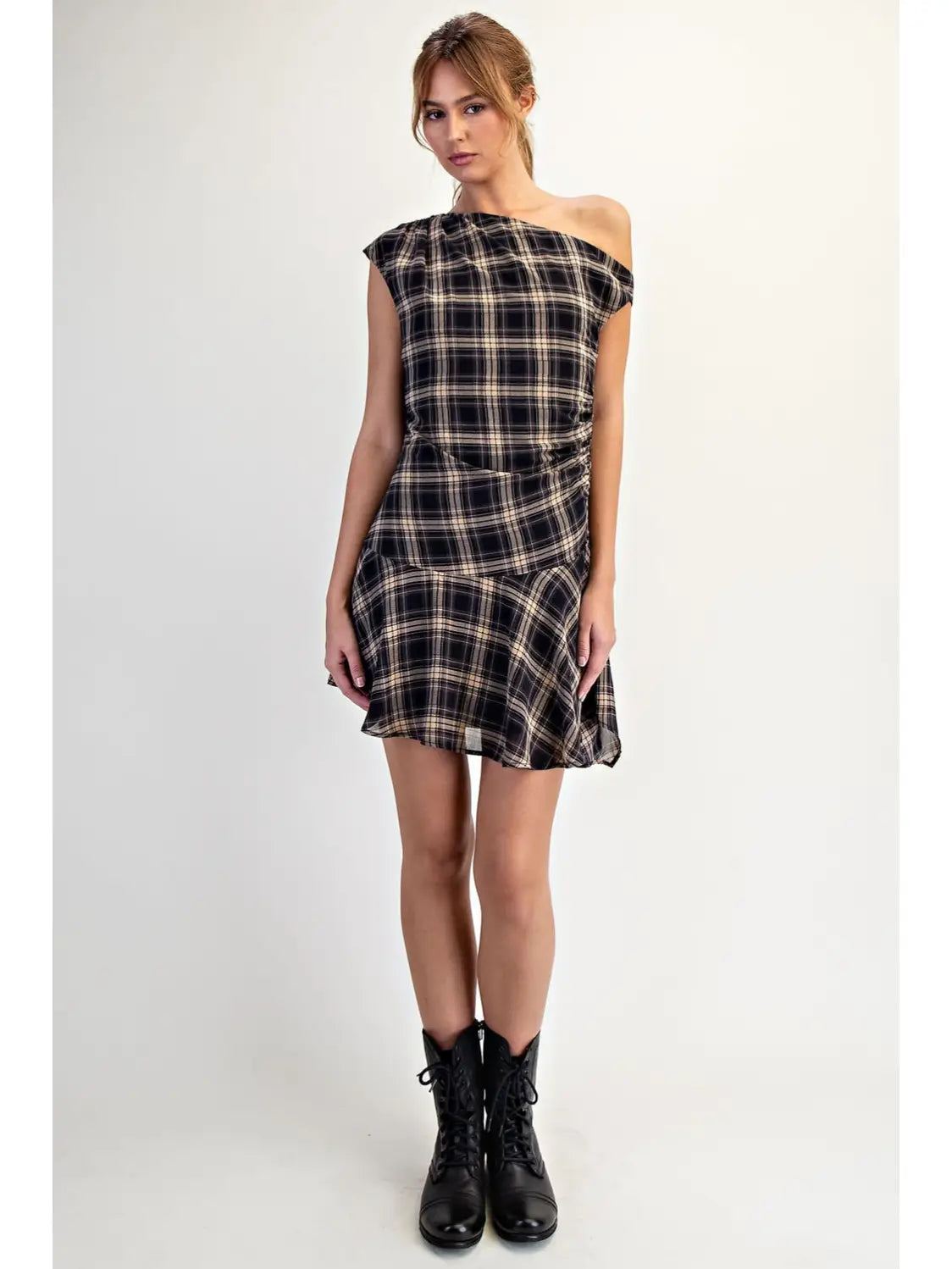 Plaid One Shoulder Ruffled Woven Dress