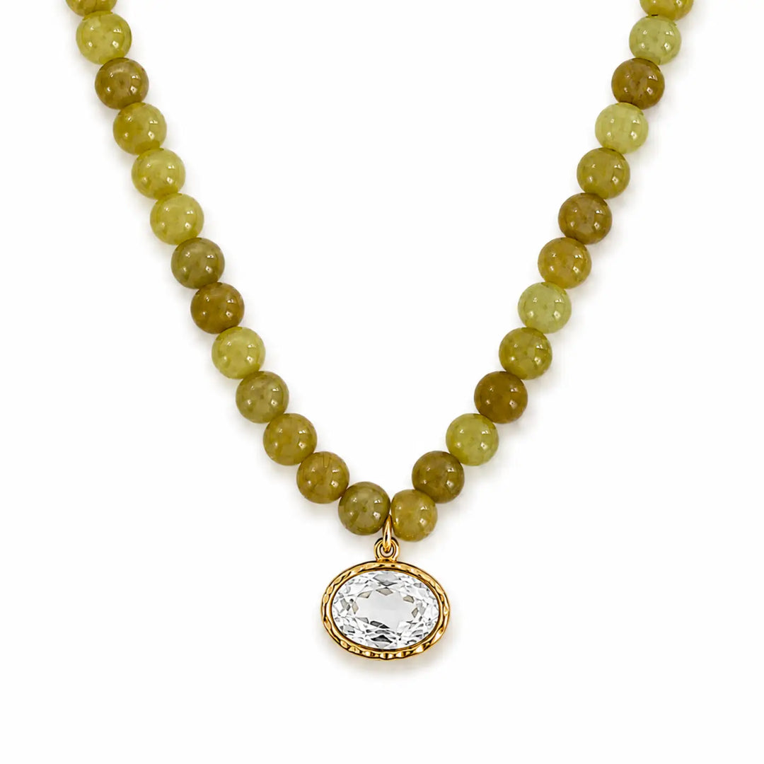 Olive Marbled Bead Glass Crystal Pendant Necklace