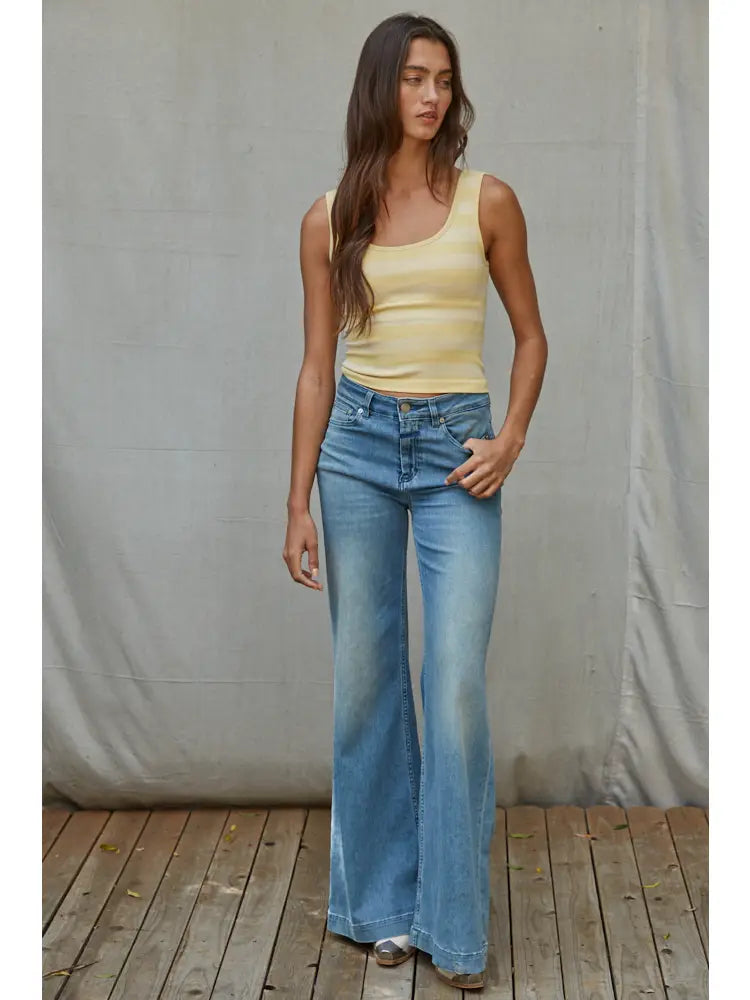 Butter Yellow Knit Striped Seamless Padded Tank Top