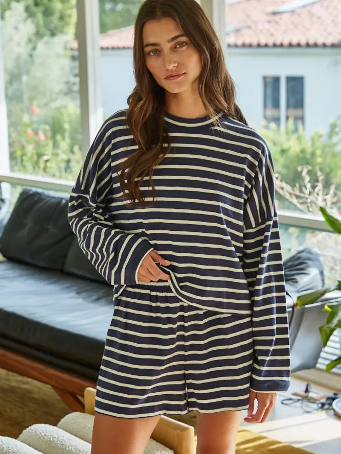 Knit Cotton Striped Elastic Waist Shorts