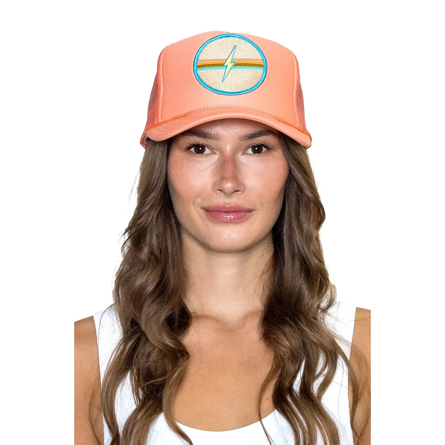 Electric Rainbow Trucker Hat in Coral