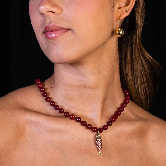 Red Agate Bead Necklace with Hand-Painted Sardine Pendant