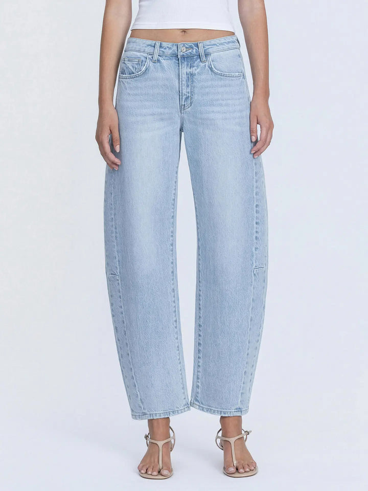High Rise Light Wash Seam Detail Crop Barrel Jeans