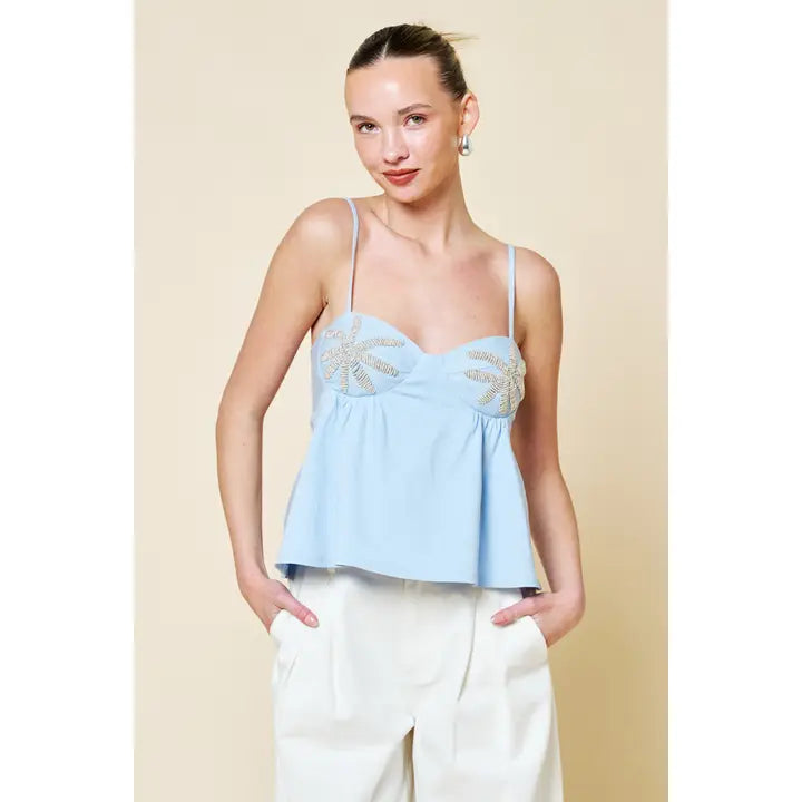 Palm Tree Beaded Sweetheart Camisole Top