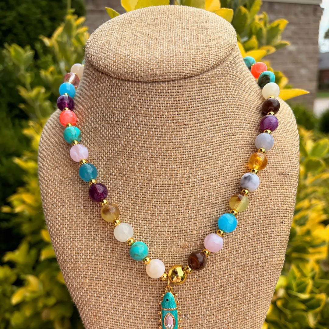 Multi Colored Mixed Bead Necklace with Blue Fish Charm