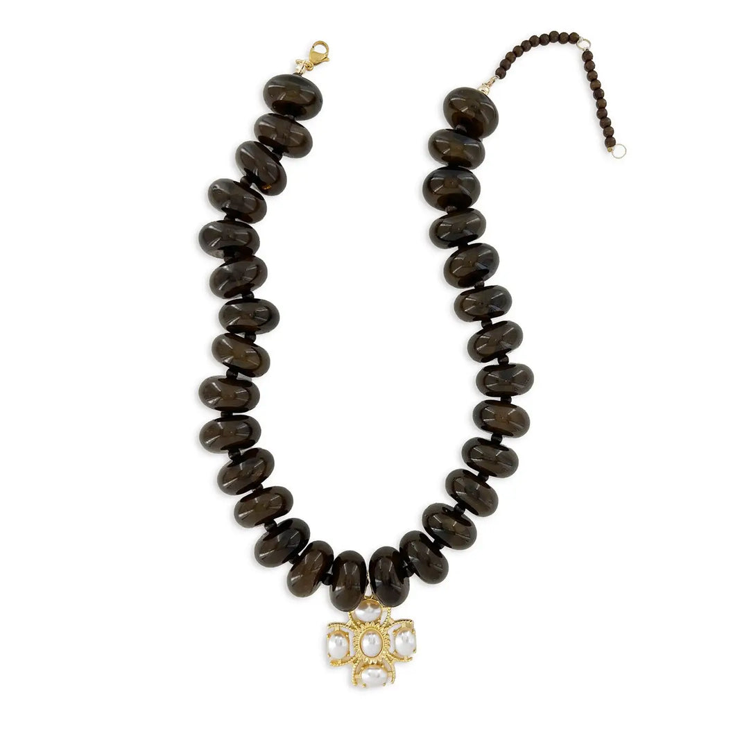Chocolate Brown Beaded Pearl Cross Pendant Necklace