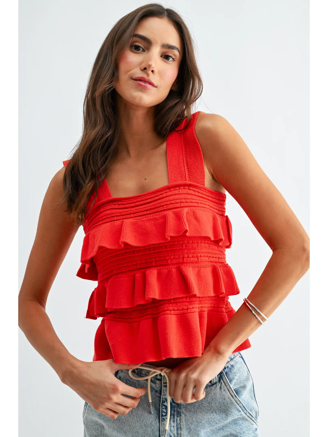 Red Ruffled Knit Sleeveless Top