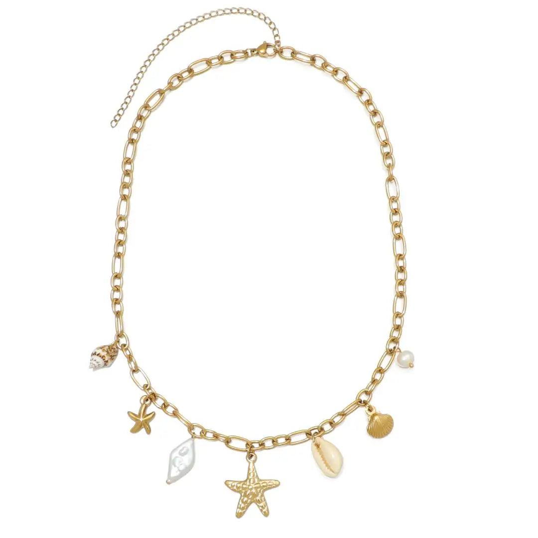 Gold Plated Freshwater Pearl and Charm Necklace