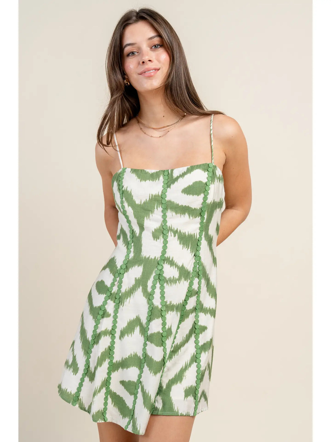 Green Abstract Poly Linen Print Mini Dress