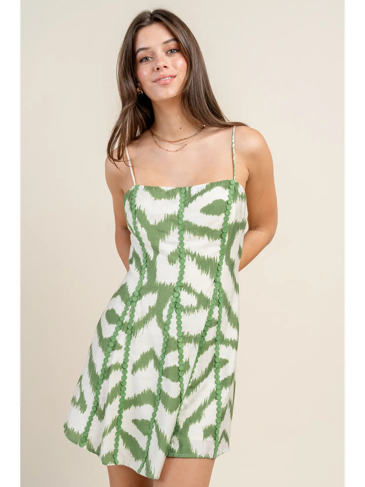 Green Abstract Poly Linen Print Mini Dress