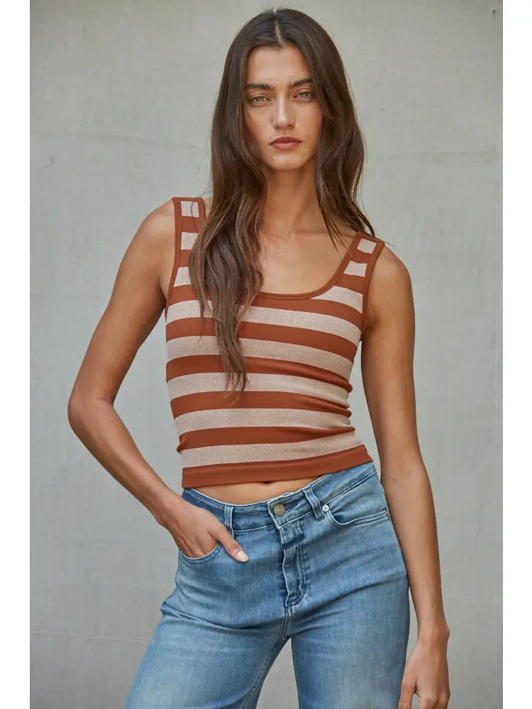 Camel Knit Striped Seamless Padded Tank Top