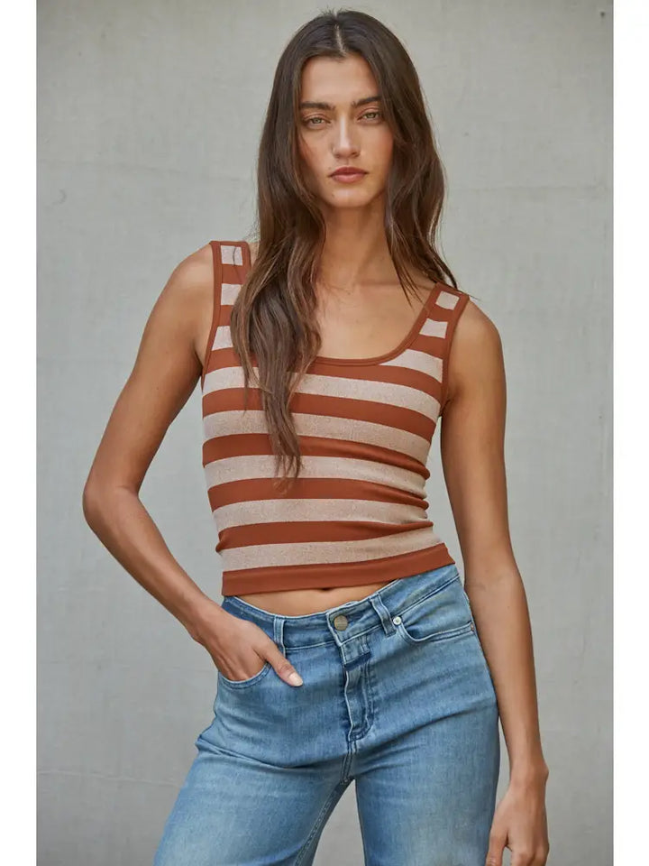 Camel Knit Striped Seamless Padded Tank Top