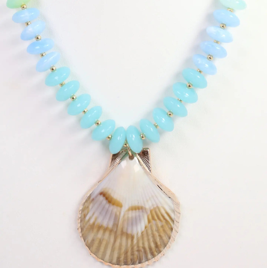 Brea Stone Beaded Shell Necklace Aqua