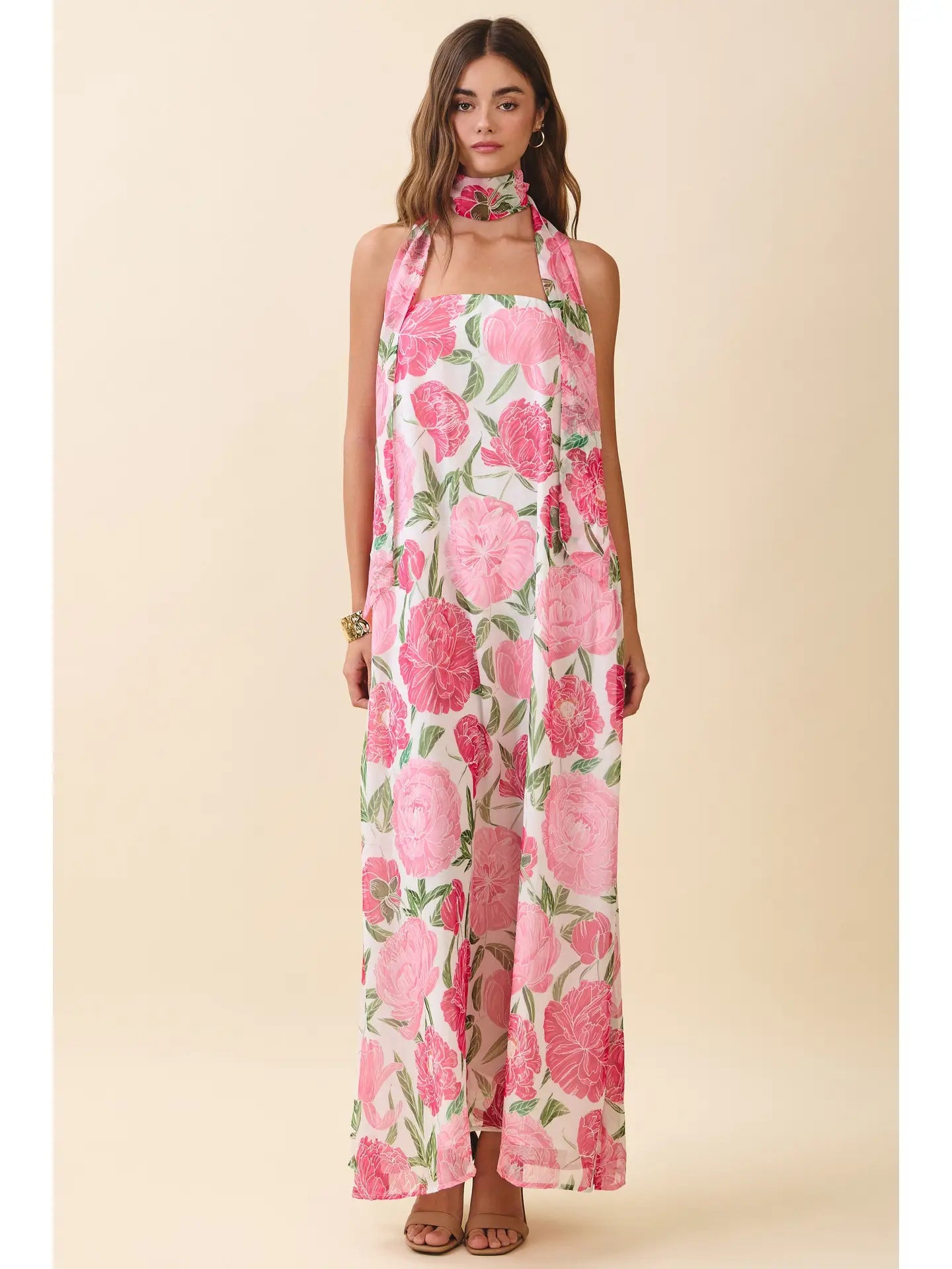 Strapless Floral Maxi Dress with Convertible Scarf