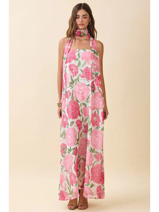 Strapless Floral Maxi Dress with Convertible Scarf