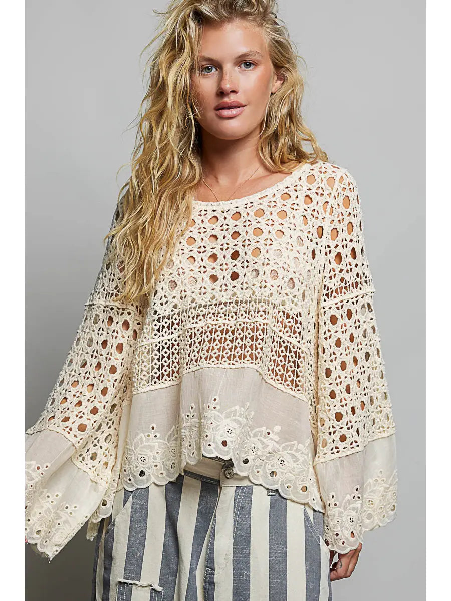 Long Sleeve Round Neck Women Crochet Top