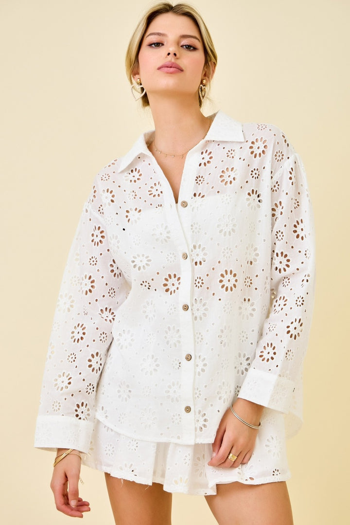 Sheer Eyelet Flower Embroidered Button Down Shirt Top