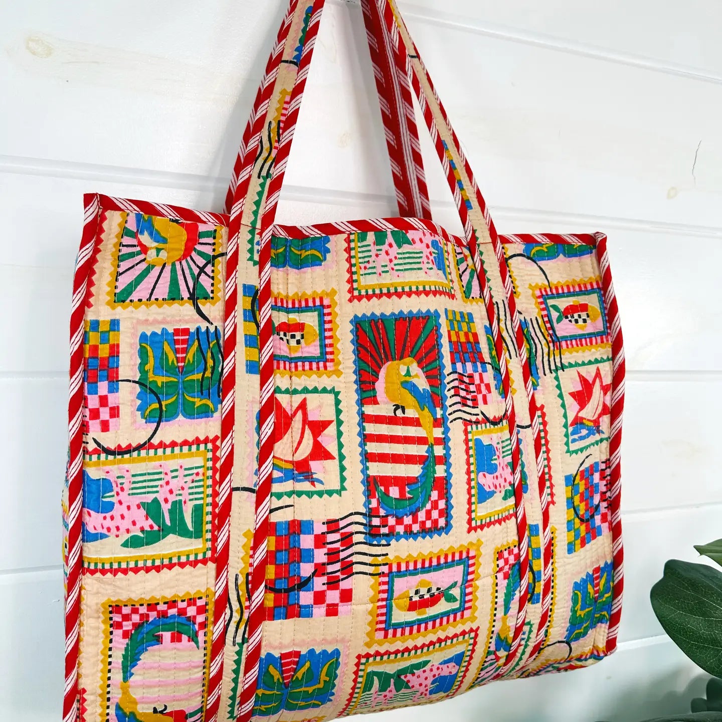 Quilted Tote Bag | Vacation Stamps | Large Shopping Tote